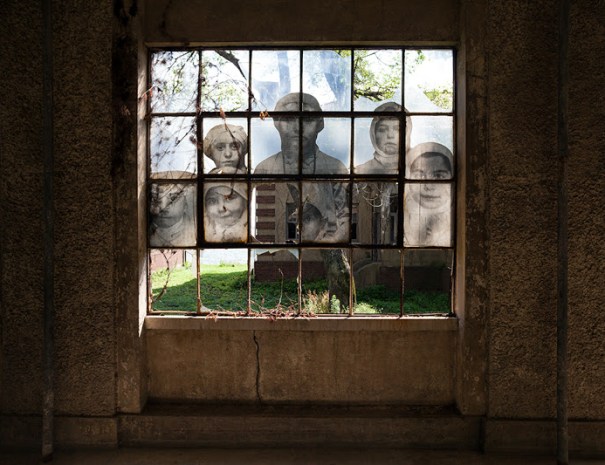 collage on abandoned windows picturing kids