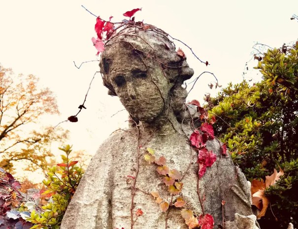 A statue head with vines growing around it at the Green-Wood Cemetery