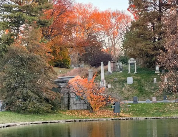 Fall foliage among the mausoleums at The Green-Wood Cemetery