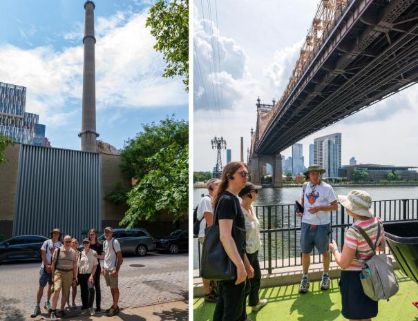 Two photos: the tour group posed beneath a tall concrete smokestack, and the group at the railing under the Queensboro Bridge with the Roosevelt Island Tramway overhead.