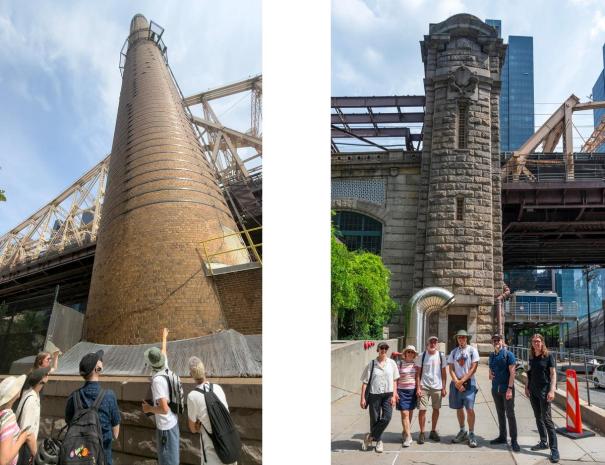 Two photos: guests looking up at a tapered brick chimney beneath the Queensboro Bridge, and the group posed at the base of a granite bridge tower.