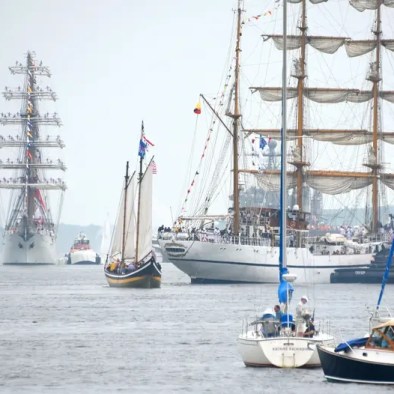 View of the parade of Sail in the NY Harbor with big and small ships throughout