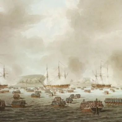 Period painting of the Battle of Kip's Bay, 1776, showing British warships and rowboats packed with redcoat soldiers crossing toward the Manhattan shore.