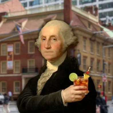 Portrait of George Washington with a cocktail in his hand, set against a backdrop of Fraunces Tavern in Manhattan