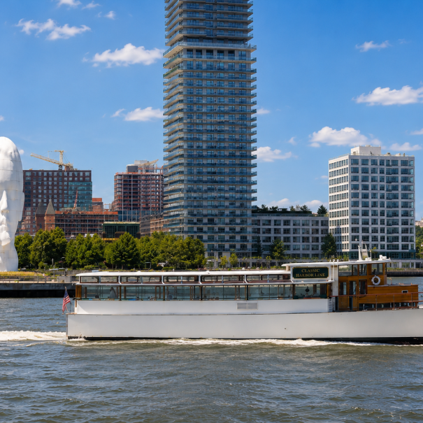 Water's Soul sculpture in Jersey City seen from the Manhattan II yacht on the Unframed City waterfront art cruise