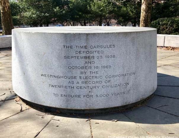 Granite marker in Flushing Meadows Corona Park inscribed with the 1938 and 1965 Westinghouse Time Capsule deposit dates, meant to endure 5,000 years